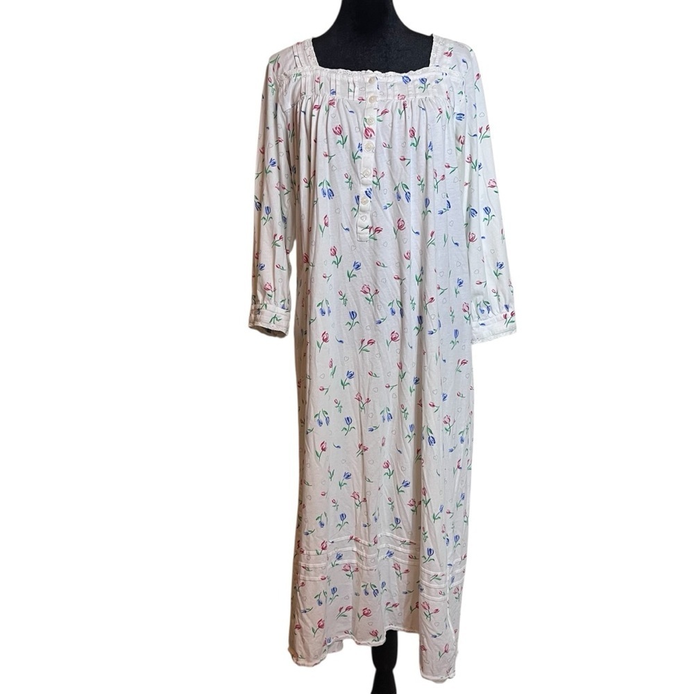 Lanz of Salzburg Floral Tulip Heart Partial Button Down Pintuck Knit Nightgown S